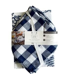 7pc The Farmhouse Bunnies Tablecloth 60x84 & Gingham Napkin Set Blue & White NEW